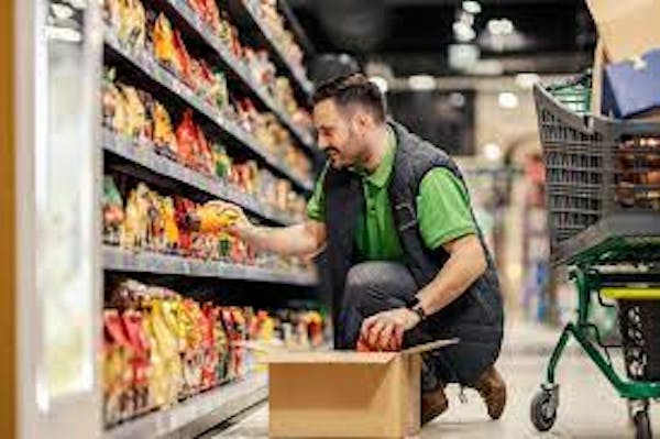 Person stocking shelves with groceries 