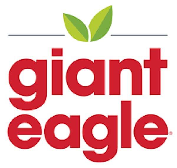 Logo for "Giant Eagle" with red lettering and 2 green leaves coming out of the top 