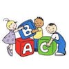 Cartoon characters of children playing with large, alphabet building blocks