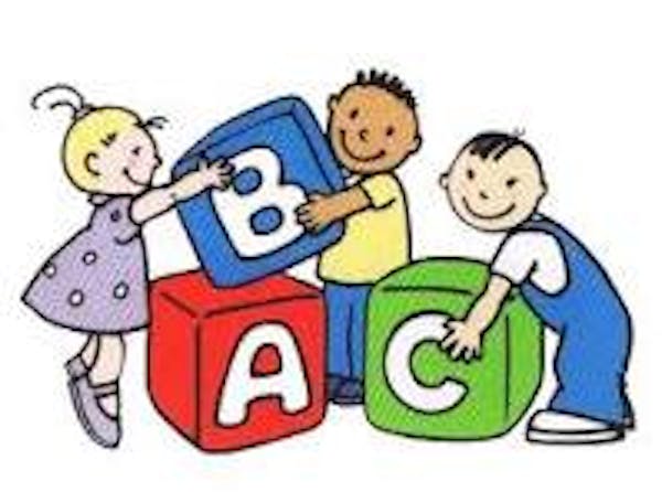 Cartoon characters of children playing with large, alphabet building blocks